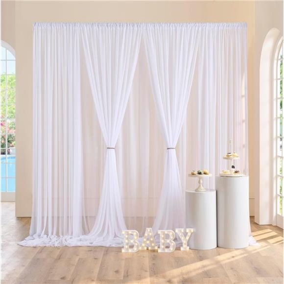 10x10ft White Sheer Tulle Backdrop Curtains for Parties Wedding, 2 Panels 5x10ft - Picture 3 of 6